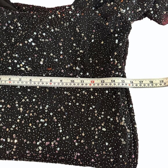 Pisarro Nights Black 100% Silk Sequin Dress Womens 8 Cold Shoulder Elegant LBD - Picture 11 of 15